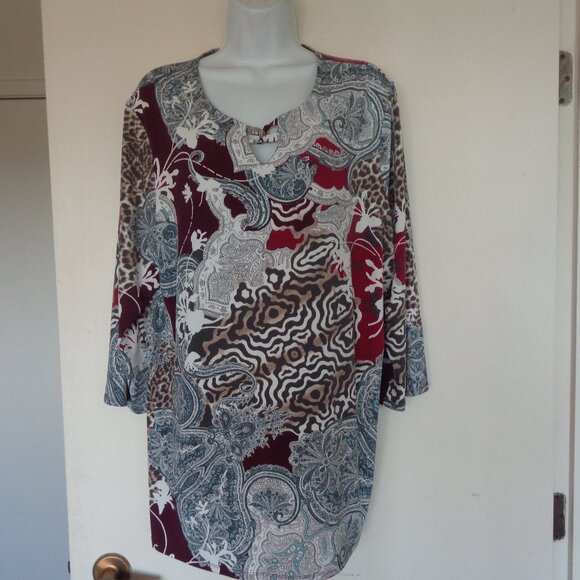 Chico's Tops - Chico's Mixed Paisley & Animal Print Tunic in Burgundy, Cream, Gray, Brown